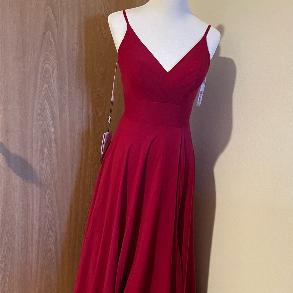 A-Line V-Neck Floor-Length Chiffon Bridesmaid Dress With Ruffle Pockets - Size 6